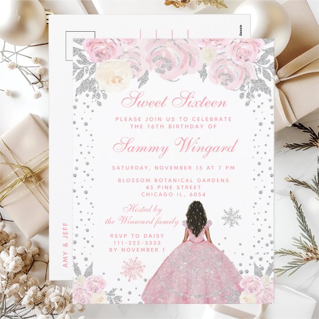 Pink Winter Dark Skin Princess 16 . Geburtstag Postkarte (Von Creator hochgeladen)