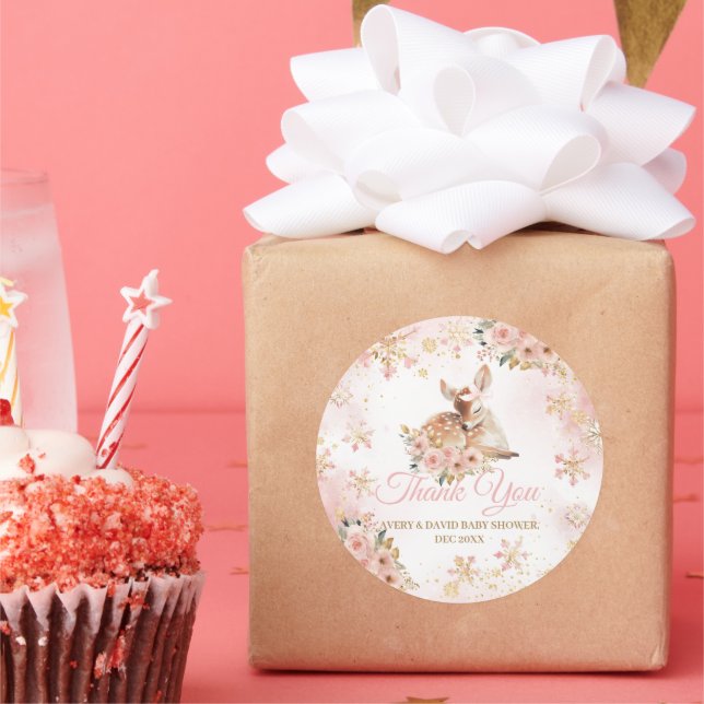Pink Winter Dei a Girl Baby Dusche Runder Aufkleber (Party)