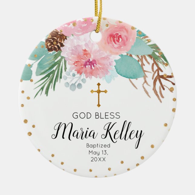 Pink Winter Floral Personalisiert Girl Taufe Keramik Ornament (Vorne)