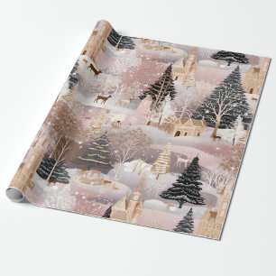 Pink Winter Hirsch Fantasy Schloss Landschaft (1) Geschenkpapier