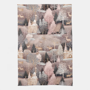 Pink Winter Hirsch Fantasy Schloss Landschaft (2) Geschirrtuch