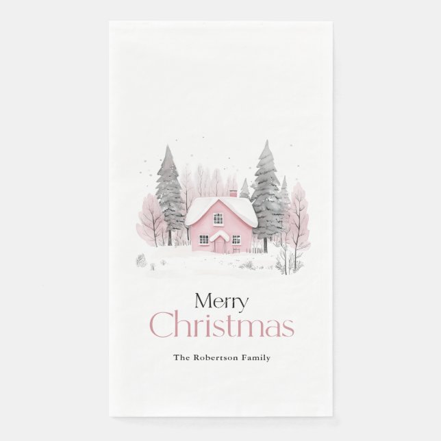 Pink Winter Hütte Weihnachten Serviette (Vorderseite)