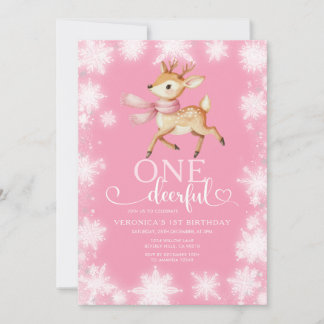 Pink Winter Onedeerful Birthday White Snowflakes Einladung