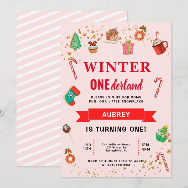 Pink Winter Onederland Erster Geburtstag Einladung (Vorne/Hinten)