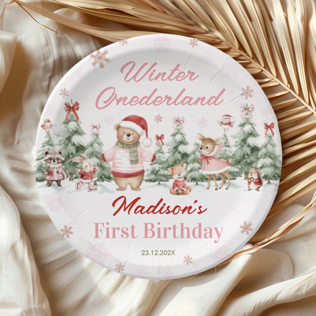 Pink Winter Onederland Forest Girl Birthday Pappteller (Von Creator hochgeladen)