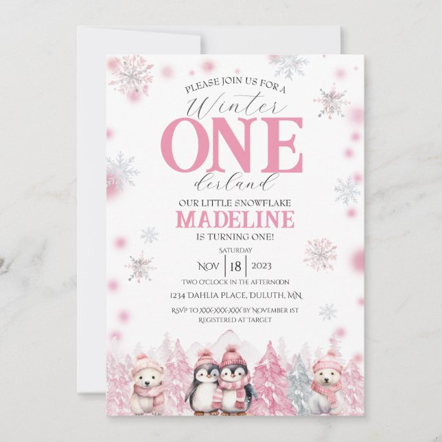 Pink Winter ONEderland Invitation (Devant)