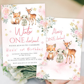 Pink Winter onederland Mädchengeburt Einladung