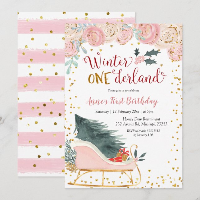 Pink Winter Onederland Sleigh Einladung zum Geburt (Vorne/Hinten)