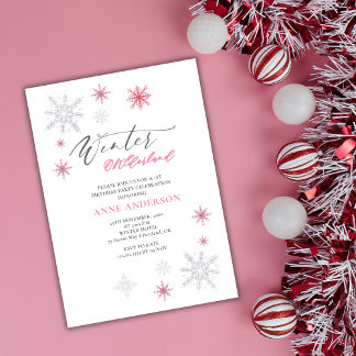 Pink Winter Onederland Snowflakes 1st Birthday  Einladung