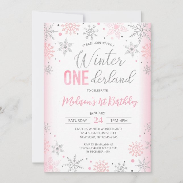 Pink Winter Onederland Snowflakes erste Geburtstag Einladung (Vorderseite)