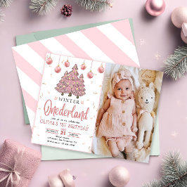 Pink Winter Onederland Weihnachtsbaumen Geburtstag Einladung