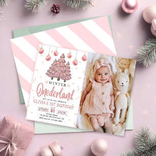 Pink Winter Onederland Weihnachtsbaumen Geburtstag Einladung