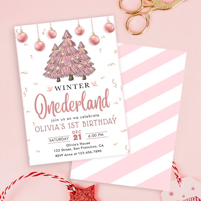 Pink Winter Onederland Weihnachtsbaumen Geburtstag Einladung (Von Creator hochgeladen)