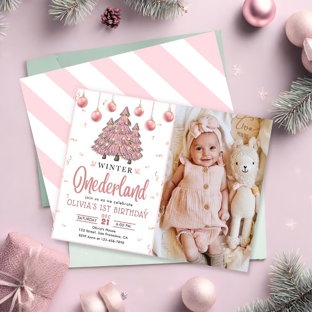 Pink Winter Onederland Weihnachtsbaumen Geburtstag Einladung (Von Creator hochgeladen)