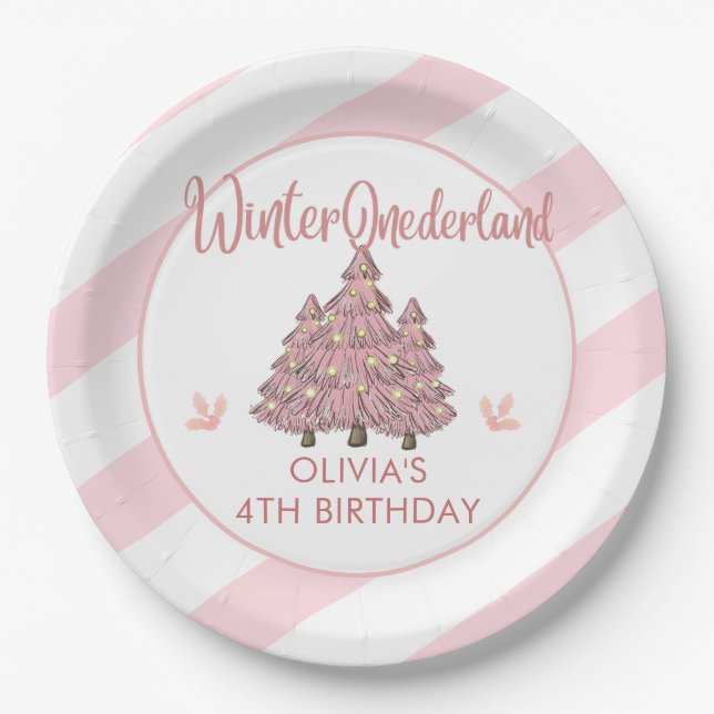 Pink Winter Onederland Weihnachtsfeier Pappteller (Vorderseite)