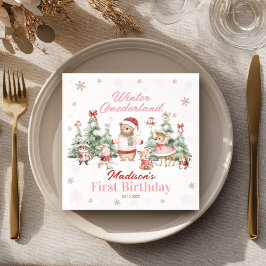 Pink Winter Onederland Woodland Animals Birthday Serviette