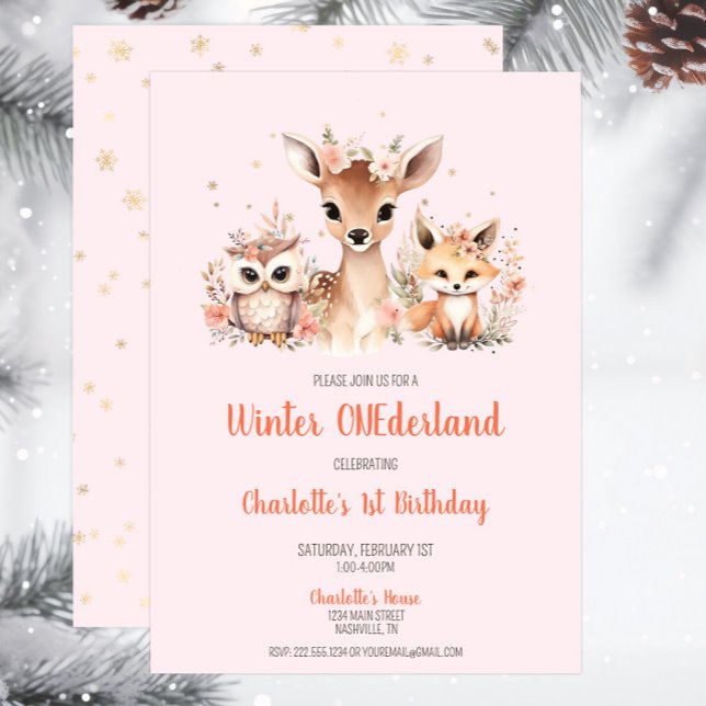 Pink Winter Onederland Woodland Birthday Einladung (Pink Snowflake Woodland Winter Onederland Birthday Invitation, Deer Owl Fox, Winter Wonderland)