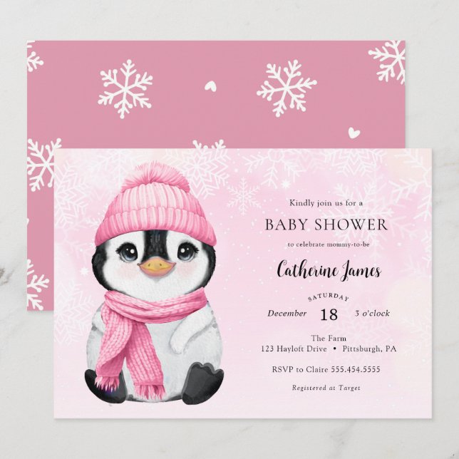 Pink Winter Pinguin Baby Dusche Einladung (Vorne/Hinten)