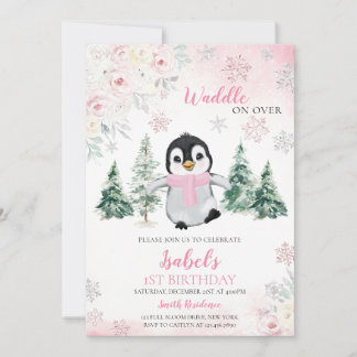 Pink Winter Pinguin Geburtstagsparty Einladung