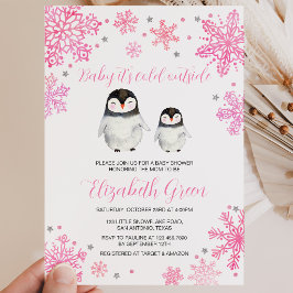 Pink Winter Pinguin Kinderdusche Einladung