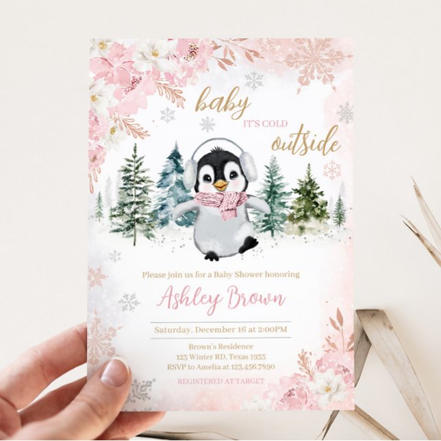 Pink Winter Pinguin Kinderdusche Einladung (Girl Penguin Baby Shower Invitation)