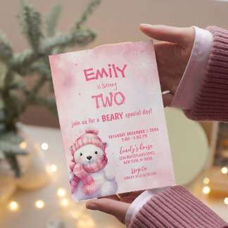 Pink Winter Polar Bären Schneeflocken Geburtstagsp Einladung