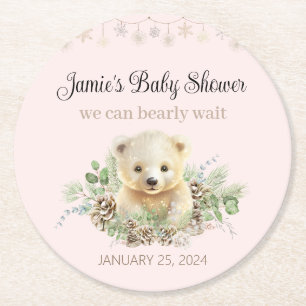 Pink Winter Polar Bear Gender Neutral Baby Dusche Runder Pappuntersetzer
