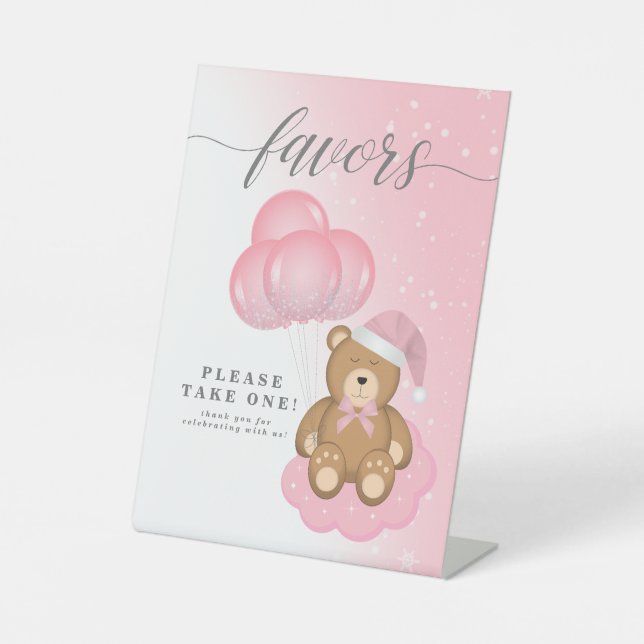Pink Winter Sleepy Bären Balloon Baby Duschfavorit Sockelschild (Vorderseite)