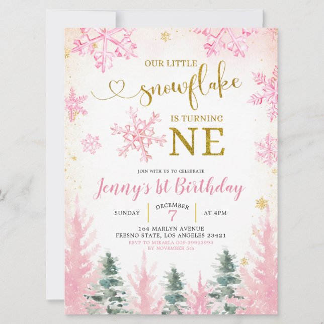 Pink Winter Snowflake Invitation d'anniversaire (Devant)