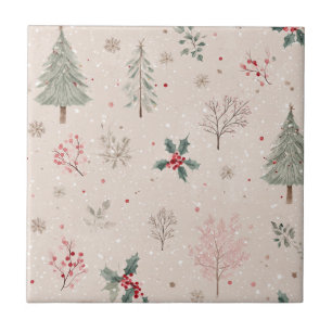 Pink Winter - Stechpalmenblätter, Kiefernbaum, Sch Fliese