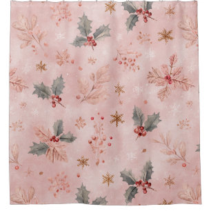Pink Winter - Stechpalmenblätter und Schneeflocken Duschvorhang