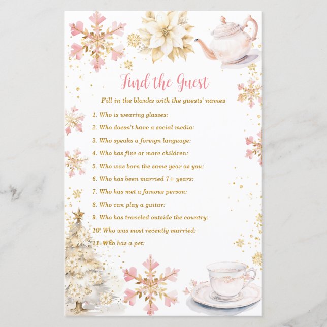 Pink Winter Tea Party Baby Shower Find The Guest (Vorderseite)