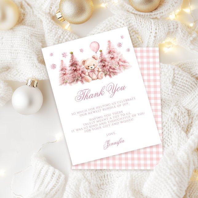 Pink Winter Teddy Bear Bow Baby Girl Shower Dankeskarte (Von Creator hochgeladen)