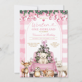 Pink Winter Truck Onederland 1st Birthday Animals Einladung