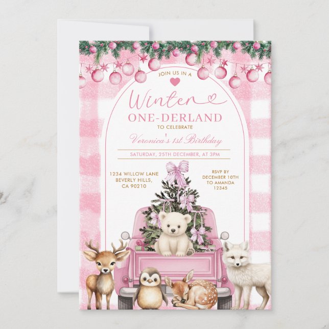 Pink Winter Truck Onederland 1st Birthday Animals Einladung (Vorderseite)