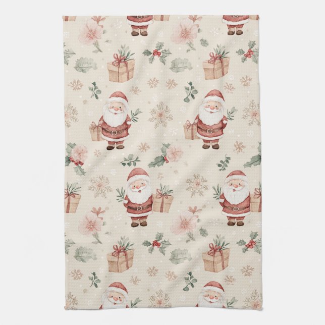 Pink Winter - Weihnachtsmann, Schneeflocken, Stech Geschirrtuch (Vertikal)