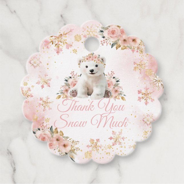 Pink Winter Weißer Bär mit Girl Baby Dusche Geschenkanhänger (Vorderseite)