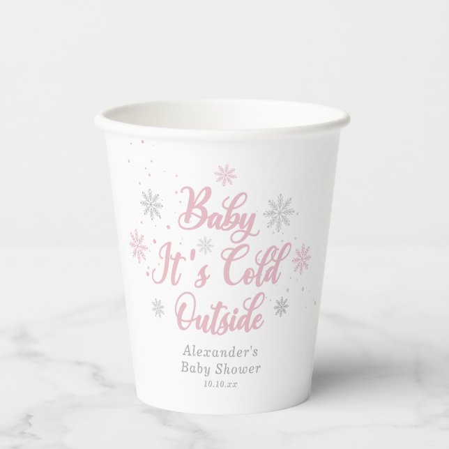 Pink Winter Wonderland Babydusche Pappbecher (Vorderseite)
