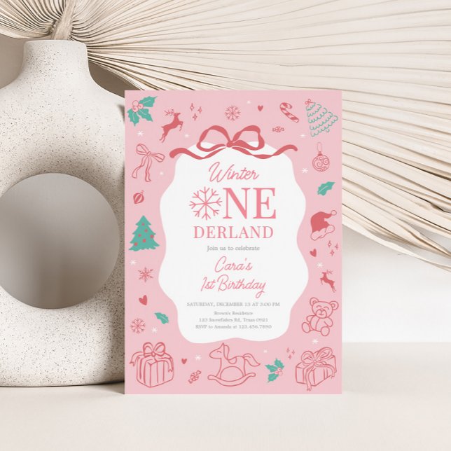 Pink Winter Wonderland First Birthday Party  Einladung (Winter Onederland Birthday Party Invitation)