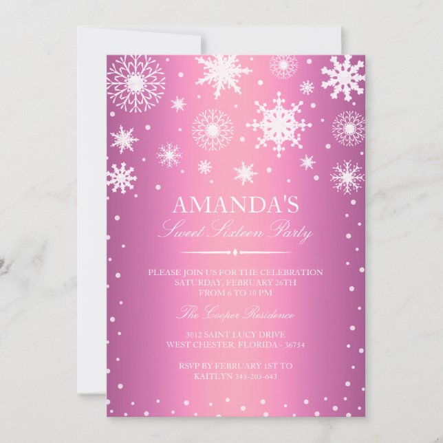 Pink Winter Wonderland Sweet 16 Einladung (Vorderseite)