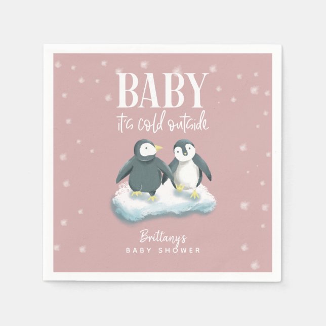 Pink Winter Wonderland Thema Pinguin Kinderdusche Serviette (Vorderseite)