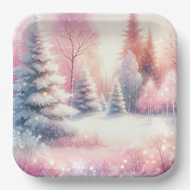 Pink Winter Wonderland Weihnachten Pappteller (Vorderseite)