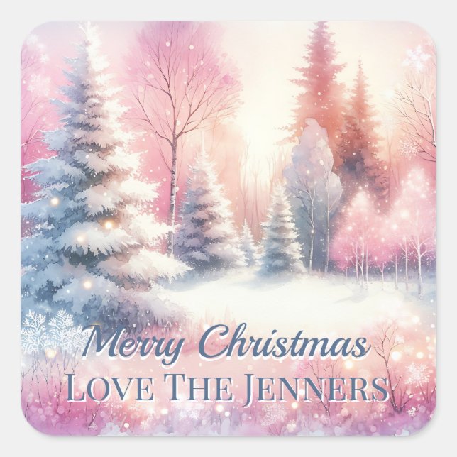 Pink Winter Wonderland Weihnachten Personalisiert Quadratischer Aufkleber (Vorderseite)