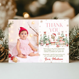 Pink Winter Woodland Animals Girl Birthday Photo Dankeskarte