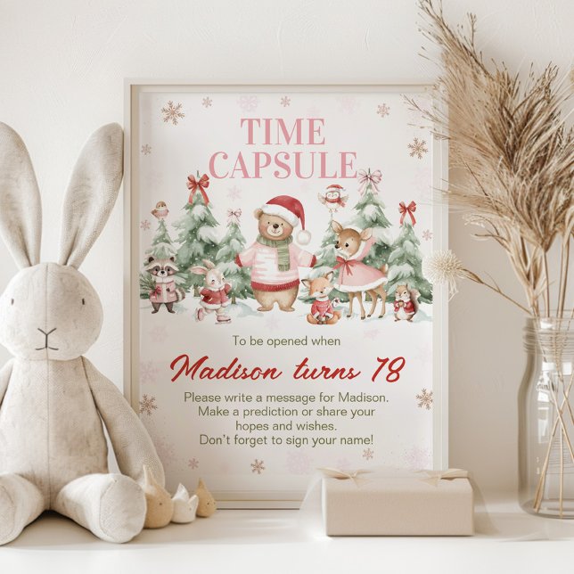 Pink Winter Woodland Birthday Time Capsule Sign Poster (Von Creator hochgeladen)