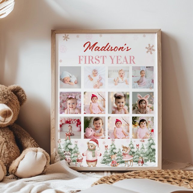 Pink Winter Woodland First Year Photo Milestone Poster (Von Creator hochgeladen)