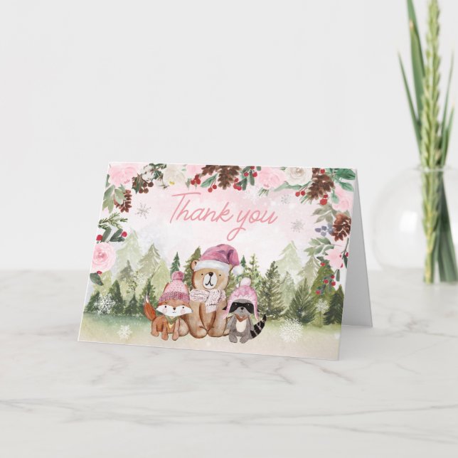 Pink Winter Woodland Kinderdusche Dankeskarte (Vorderseite)