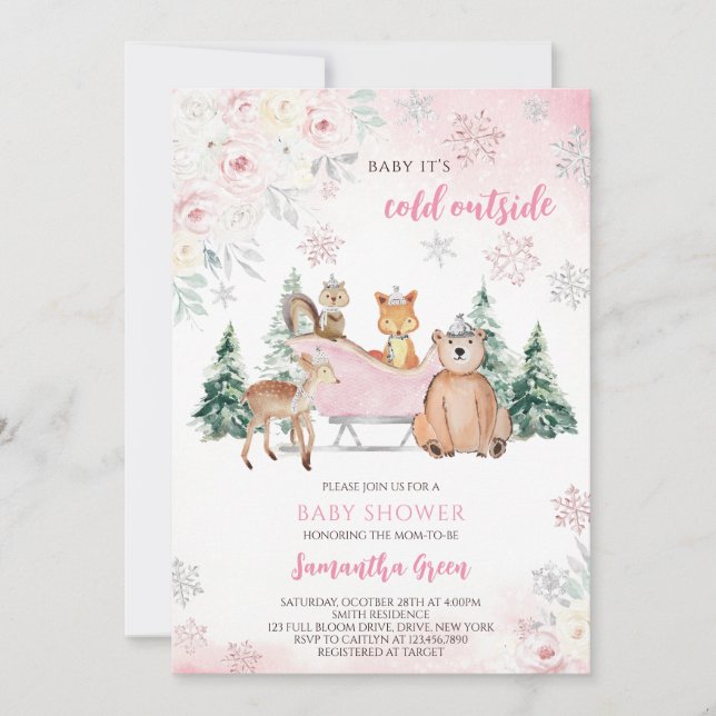 Pink Winter Woodland Kinderdusche Einladung (Vorderseite)