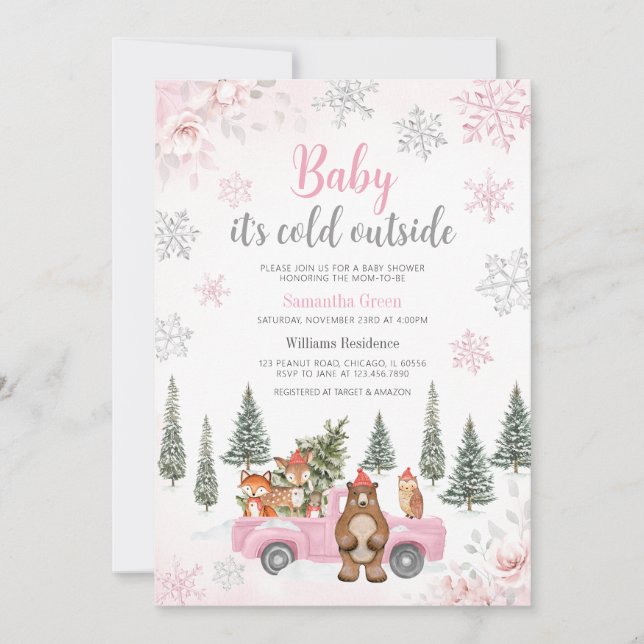 Pink Winter Woodland Kinderdusche Einladung (Vorderseite)