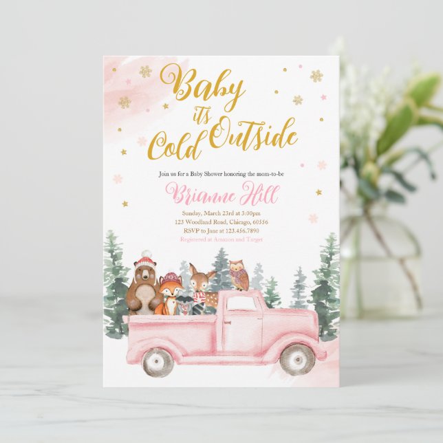 Pink Winter Woodland Kinderdusche Einladung (Stehend Vorderseite)